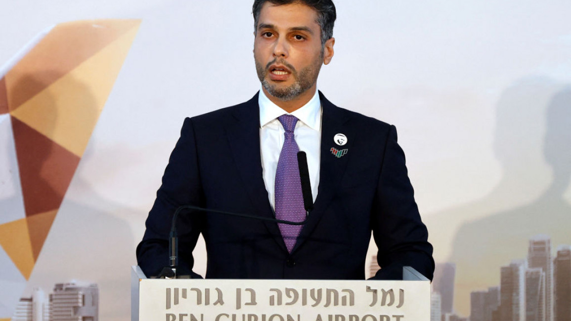 Mohamed Al Khajah speaking at Ben Gurion Airport