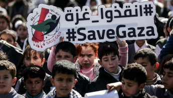 Palestinian schoolchildren hold placards