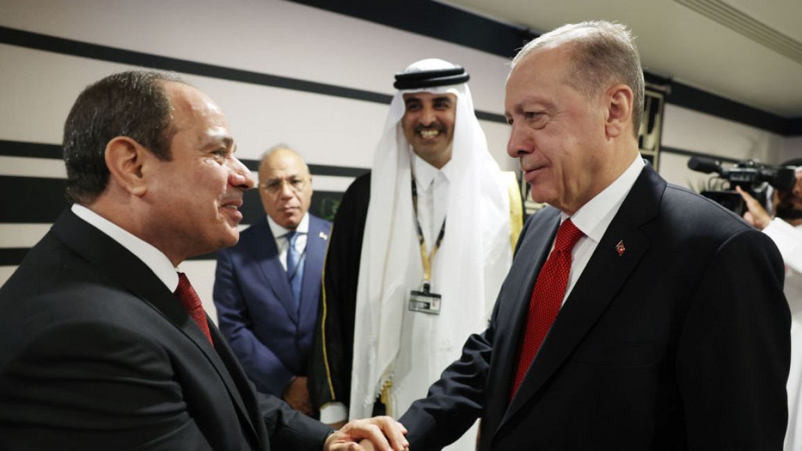 Egypt's President Abdel Fattah Al-Sisi (left) and Turkey's President Recep Tayyip Erdogan (right) shaking hands