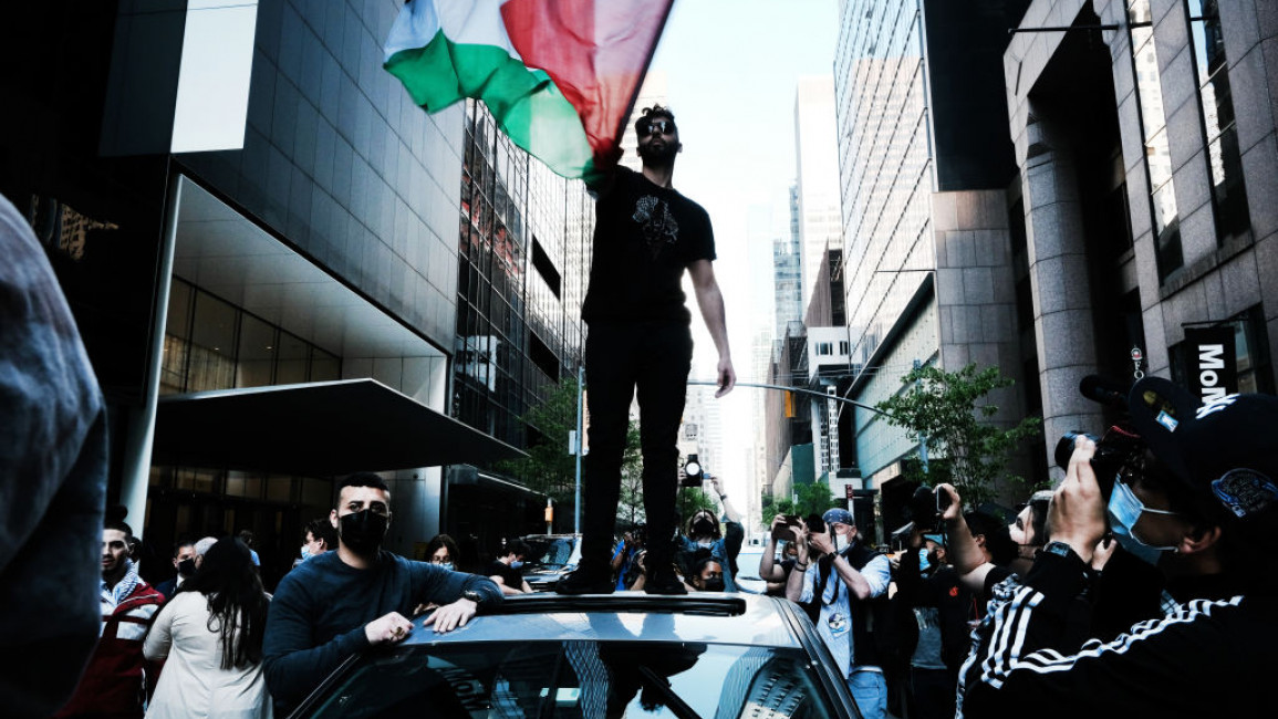 Protesters and activists gather to defend the Palestinian resistance movement on May 14, 2021 in New York City. [Getty]