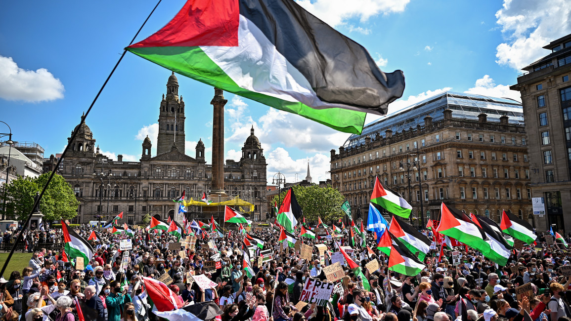 Protestors have gathered in solidarity with the people of Palestine amid ongoing conflict in Gaza, on May 16, 2021 in Glasgow, Scotland. [Getty]