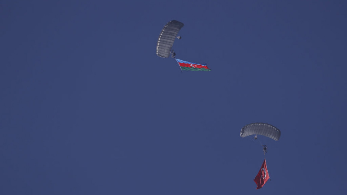 Turkish and Azeri paratroopers in the sky