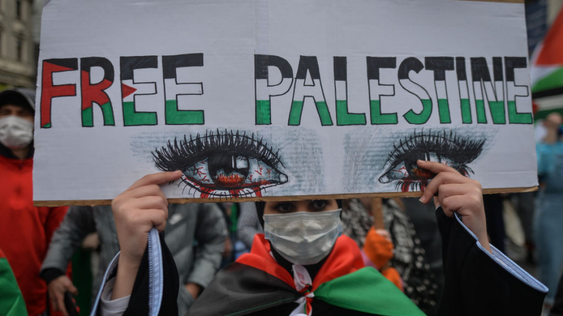 Pro-Palestinian protesters during a 'Rally for Palestine' protest in Dublin, Ireland, on 22 May, 2021. [Getty]