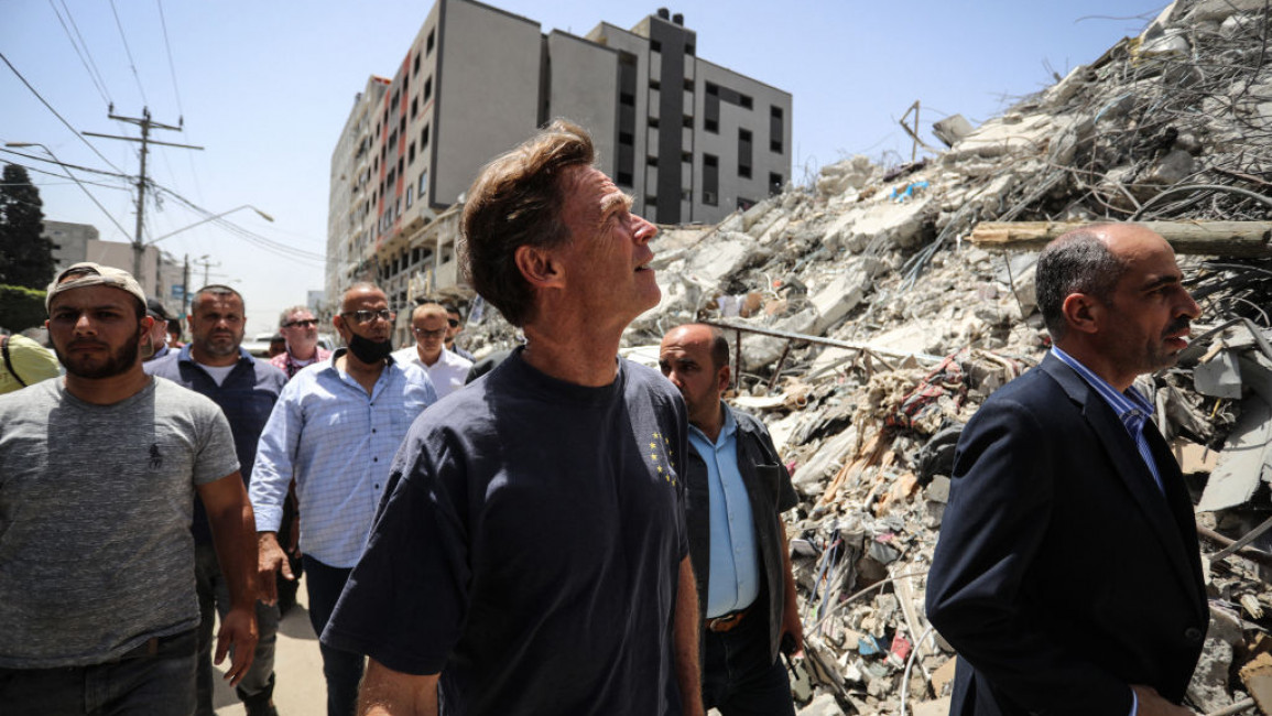 Sven Kuhn von Burgsdorff (centre) visited devastated areas of Gaza [Getty]