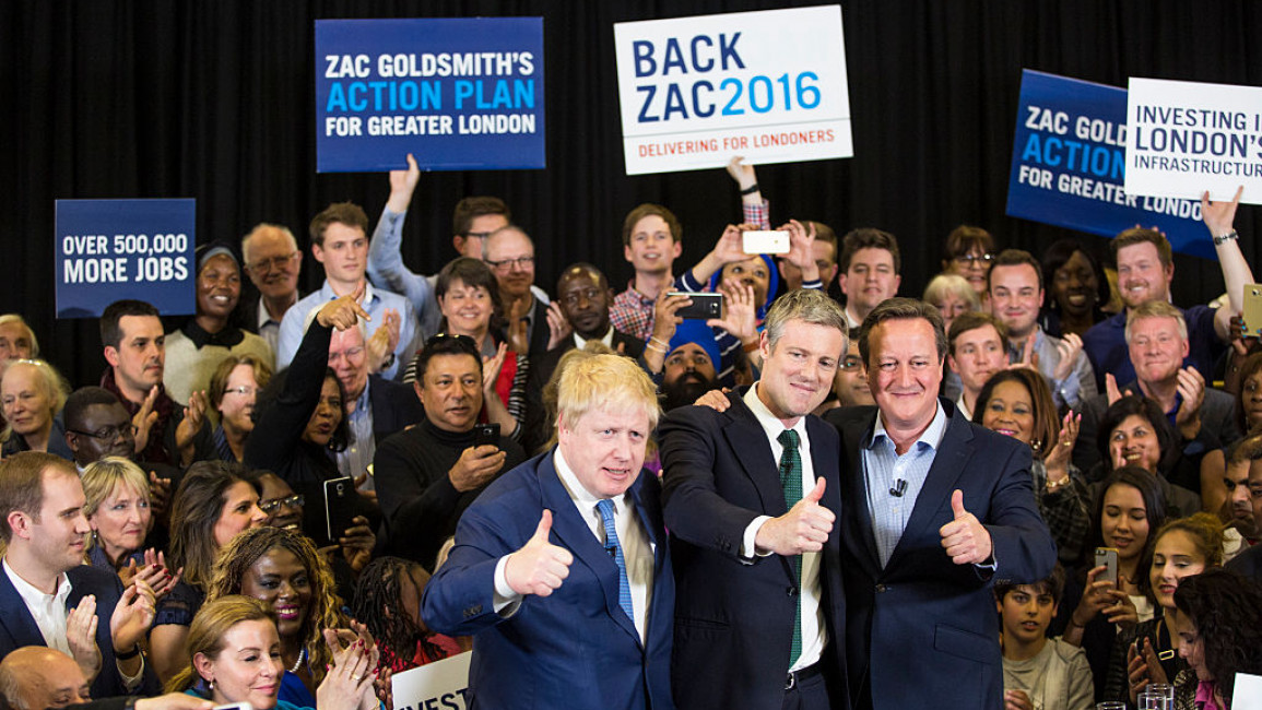 (L-R) Conservatives Boris Johnson, Zac Goldsmith, and then British Prime Minister David Cameron attend a mayoral campaign rally in London, England on 3 May, 2016. [Getty]