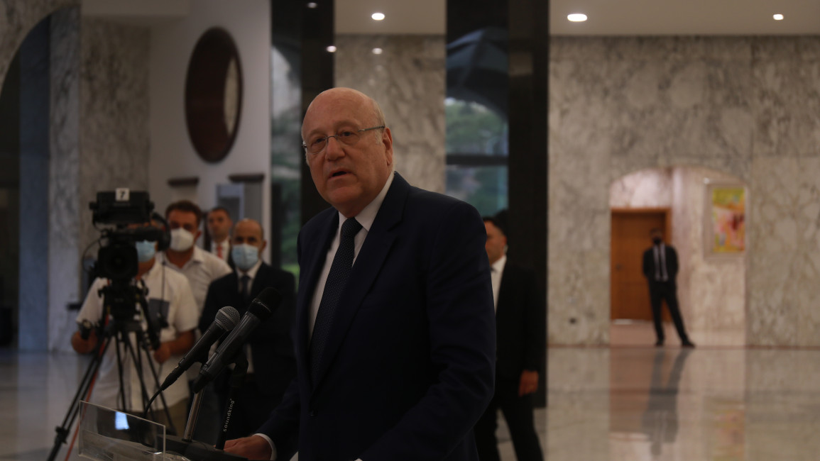 Najib Mikati addresses a crowd of reporters in his acceptance speech as PM-designate at Baabda presidential palace. (TNA)
