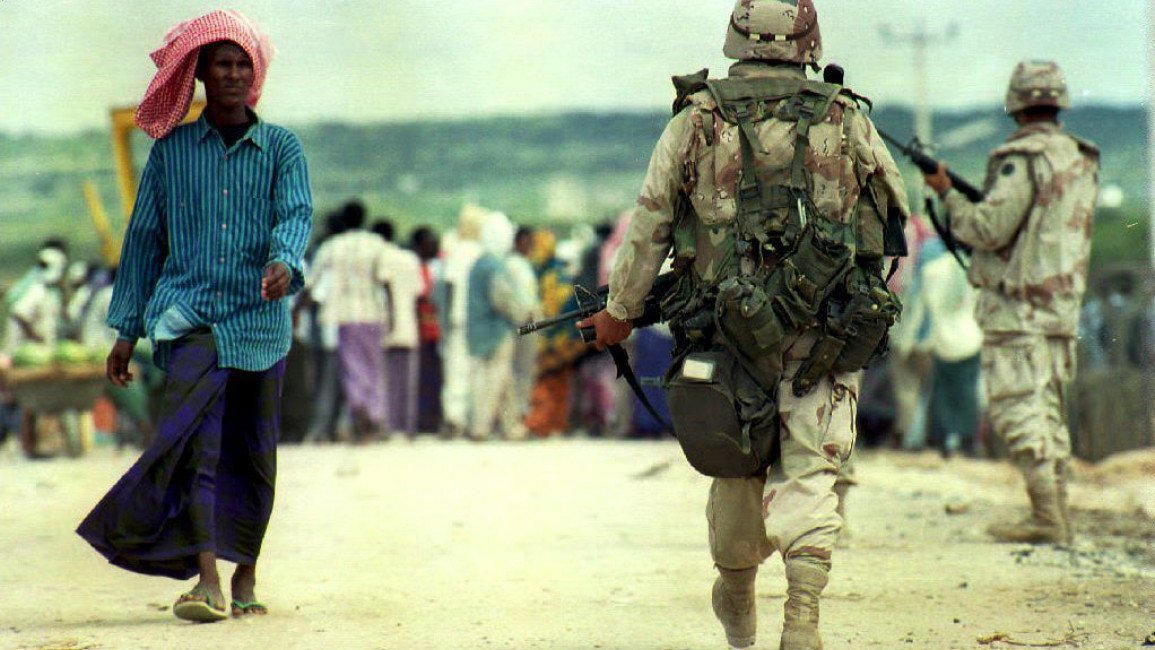 US soldiers patrol near Camp Victory Base, in Somalia in 1993. [Getty]