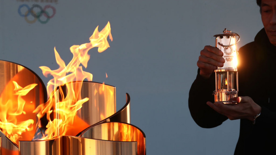 The Olympic flame was preserved in a lantern during the 'Flame of Recovery' special exhibition in Tokyo following the postponement of the Tokyo 2020 Olympic and Paralympic Games. [Getty]