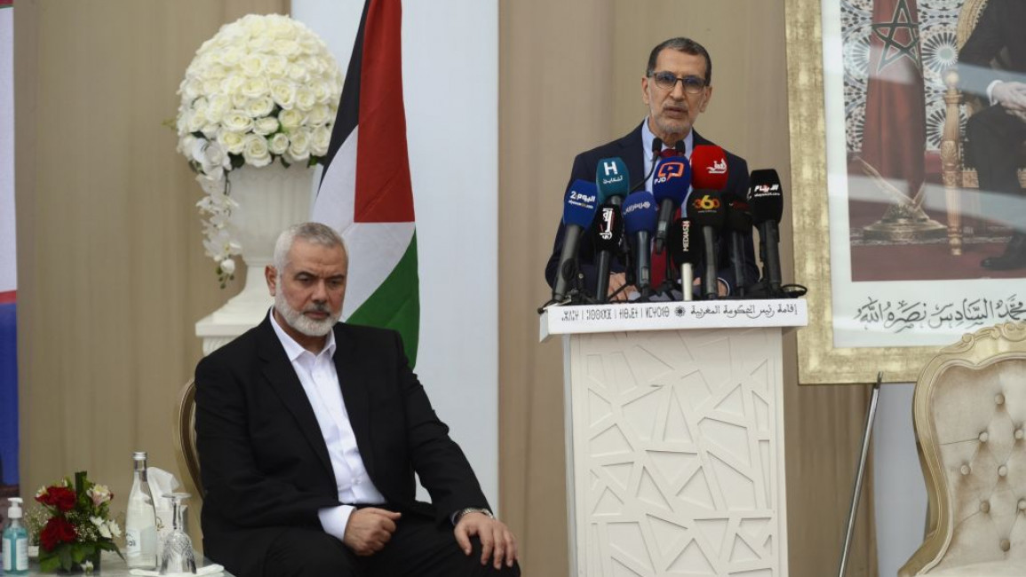 Hamas political chief Ismail Haniyeh (L) and Prime Minister of Morocco, Saadeddine Othmani (R), in Rabat, Morocco on 17 June 17, 2021. [Getty]