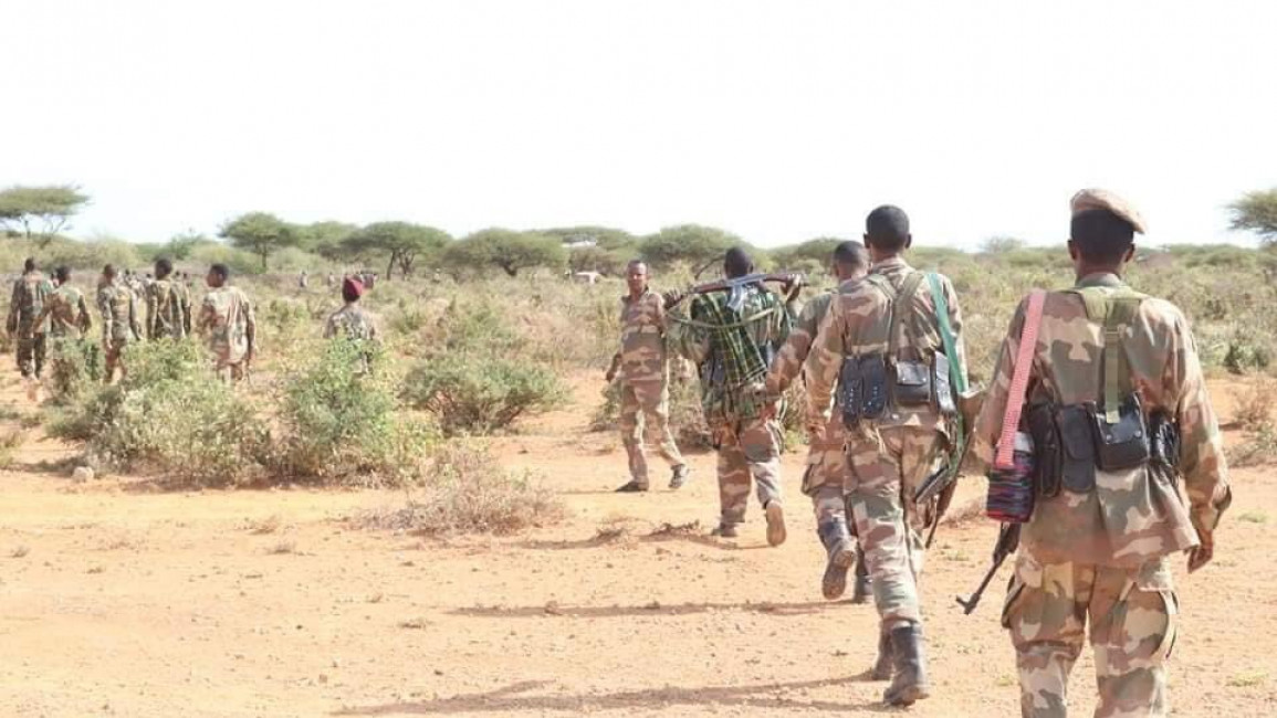 Somalian Army members patrol during an operation as Somali army offensive killed 17 al-Shabaab terrorists [Getty]