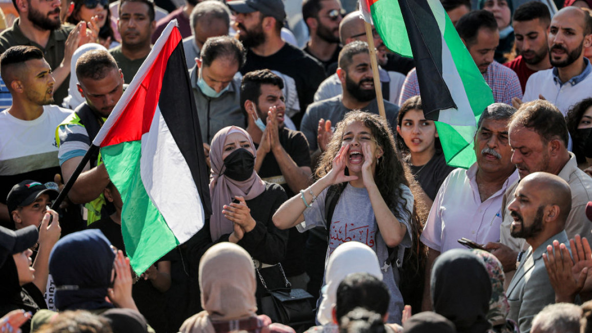 Palestinian protesters in Ramallah on 26 June, 2021, demonstrating against the death of human rights activist Nizar Banat at the hands of the Palestinian Authority. [Getty]
