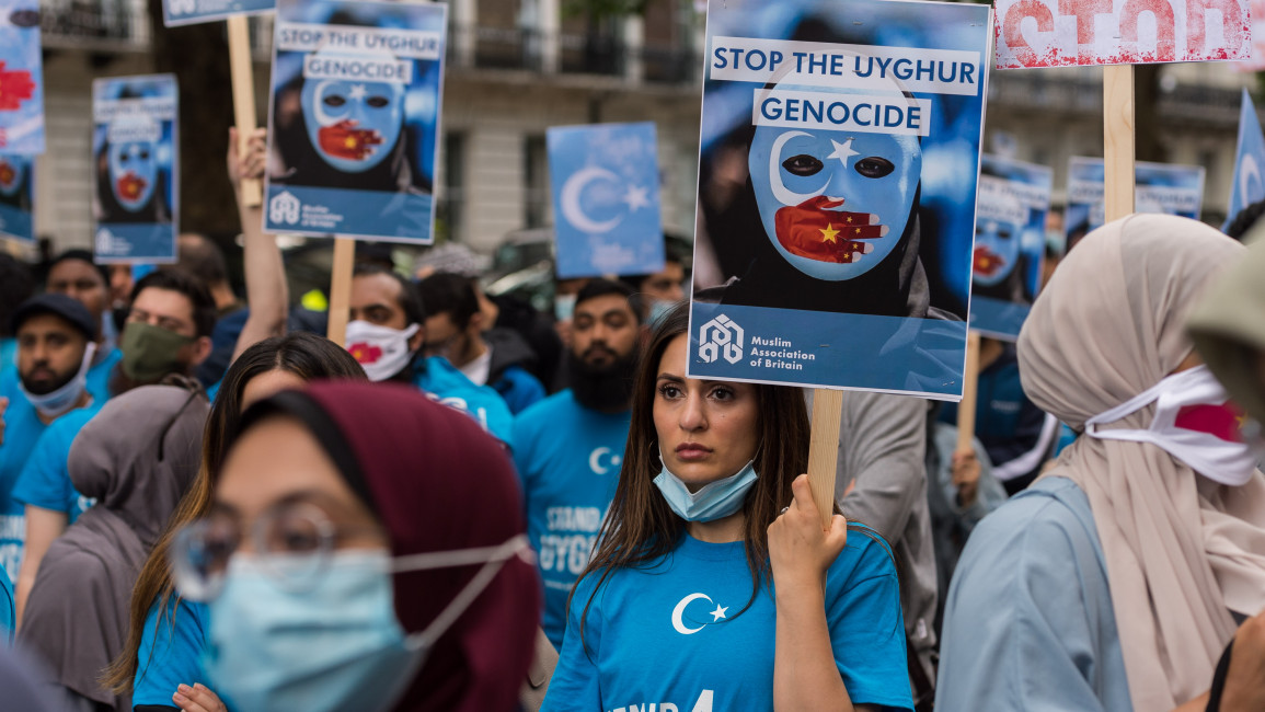 Protesters demonstrate in front of the Chinese Embassy in London to support the repressed Uighur Muslim community [Getty]