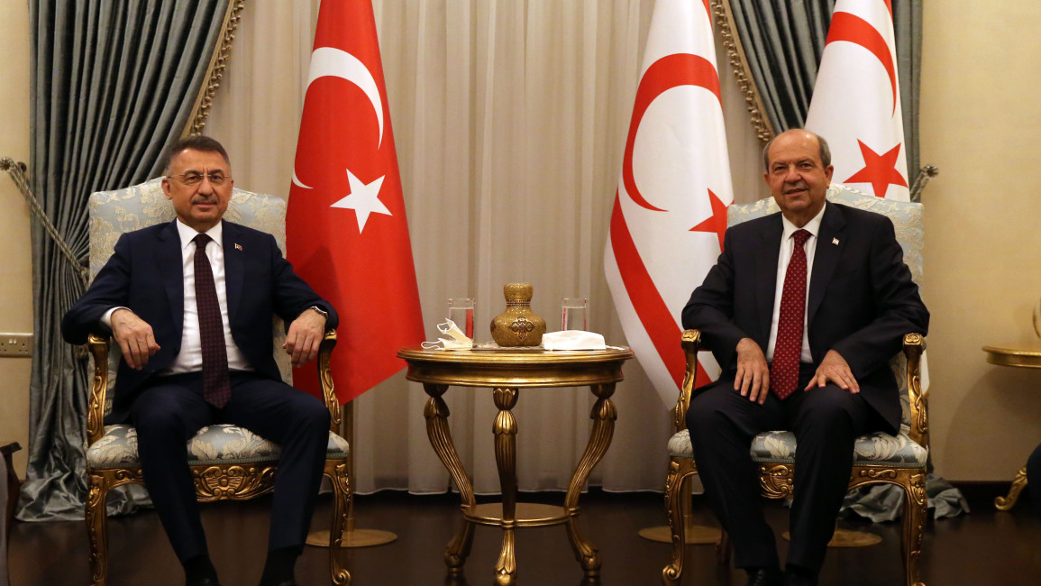  Turkish Vice President Fuat Oktay (L) meets Turkish Cypriot President Ersin Tatar [Getty]