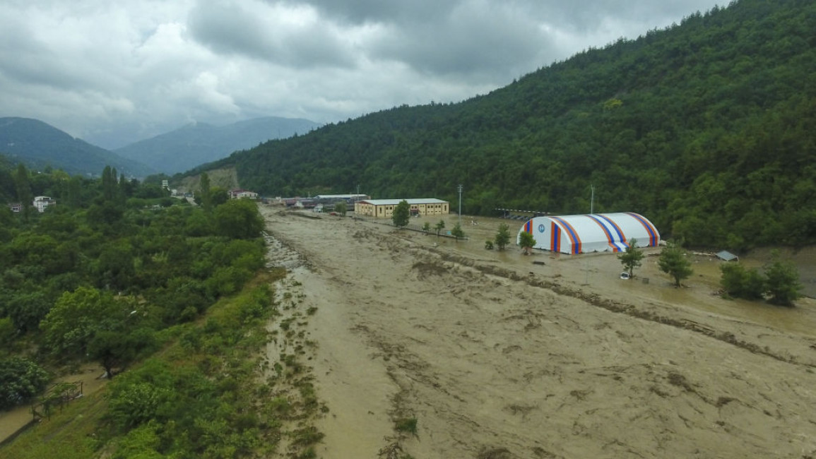 An aerial view of the floodwaters caused by heavy rains in Kastamonu, Turkey on August 11, 2021