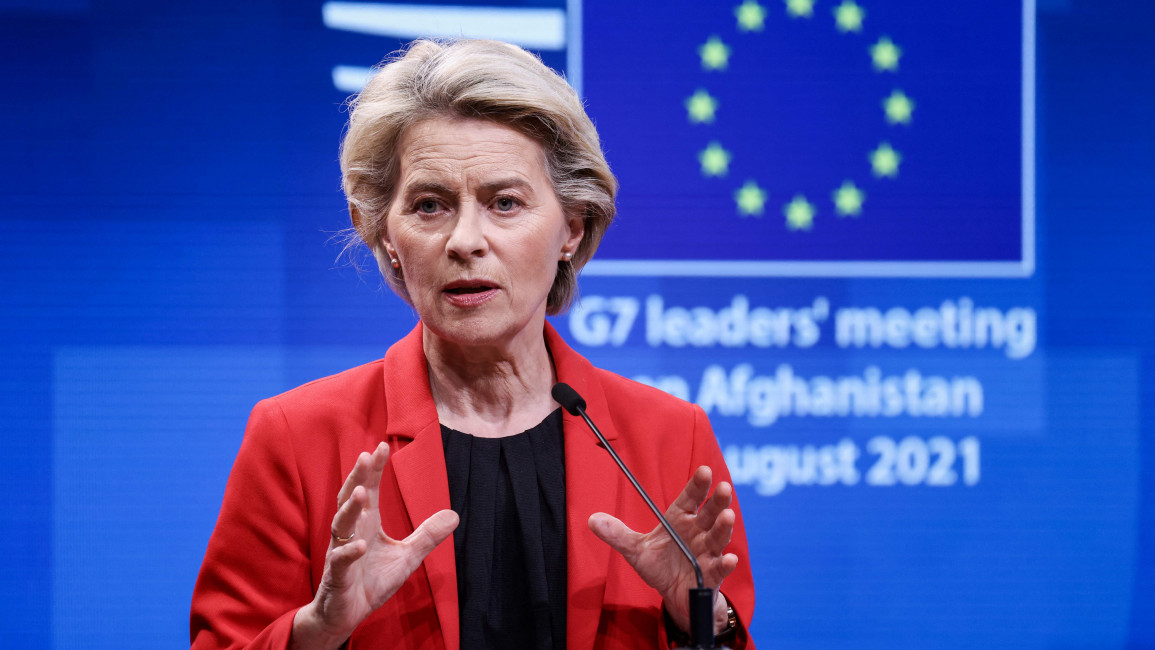 President Ursula von der Leyen speaks during a press conference at the end of a virtual G7 summit to discuss the crisis in Afghanistan [Getty]