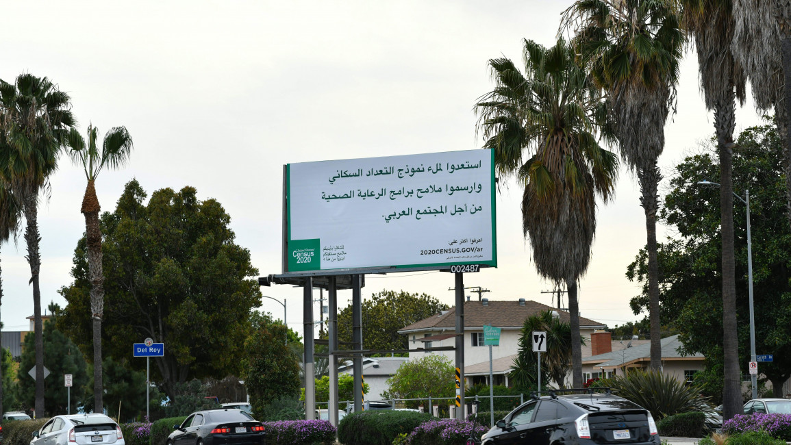 A poster advertising the 2020 Census in Arabic is seen in Los Angeles in February 2020