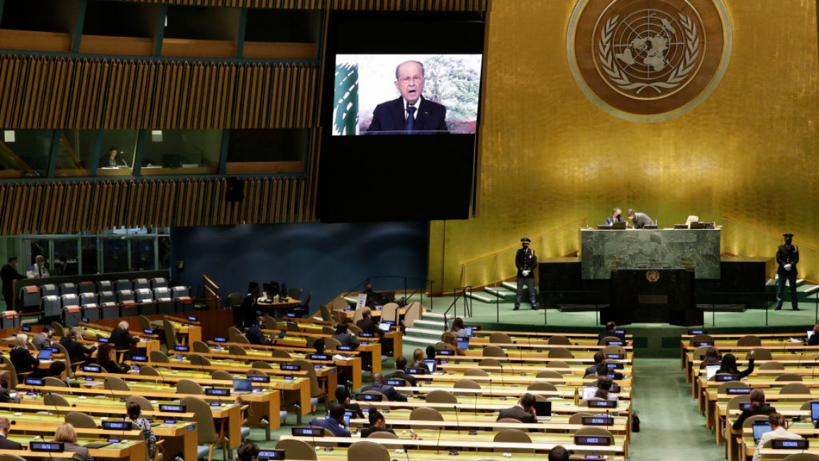 Michel Aoun addressed the United Nations via video-link from Lebanon [Getty]