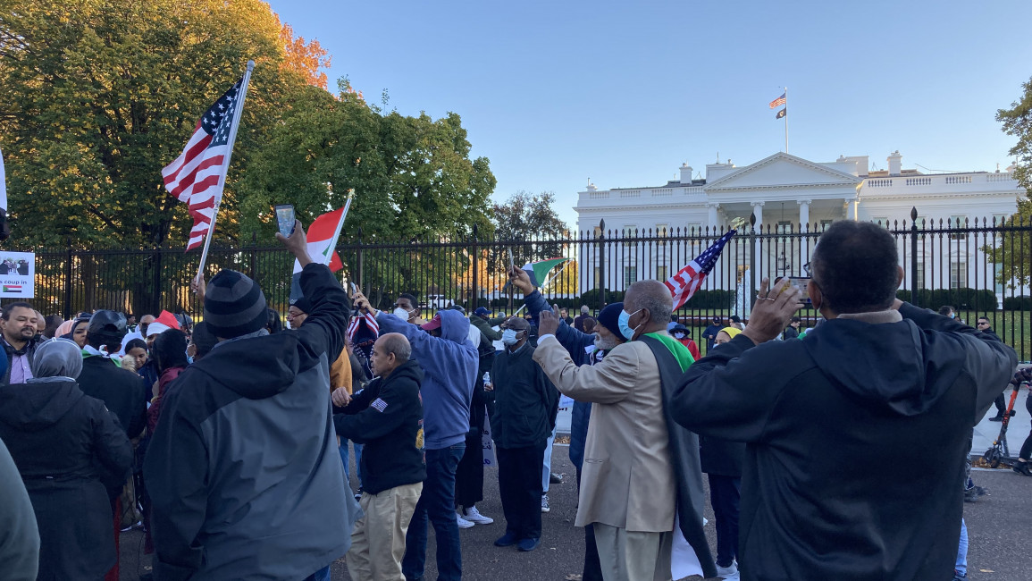 Sudanese demonstrate against the military coup in front of the White House Saturday afternoon. (The New Arab)