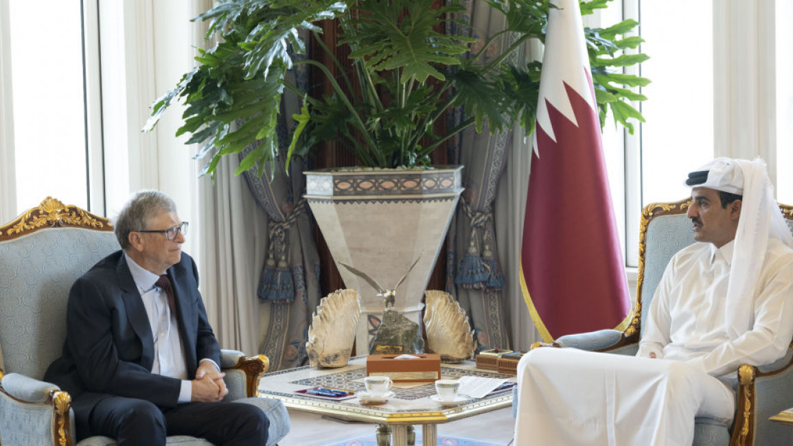 Emir of Qatar Sheikh Tamim bin Hamad Al Thani (R) meets founder of Microsoft Bill Gates (L) at the Amiri Diwan Palace in Doha, Qatar on December 07, 2021.
