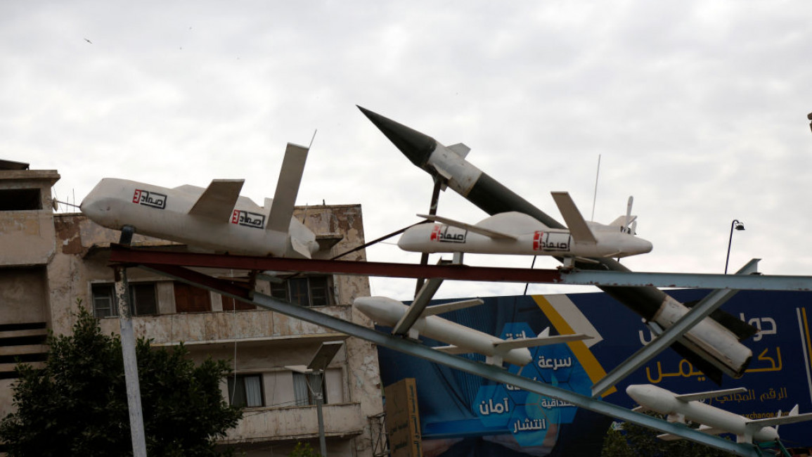 Missiles and drones displayed by Houthi supporters in Yemen