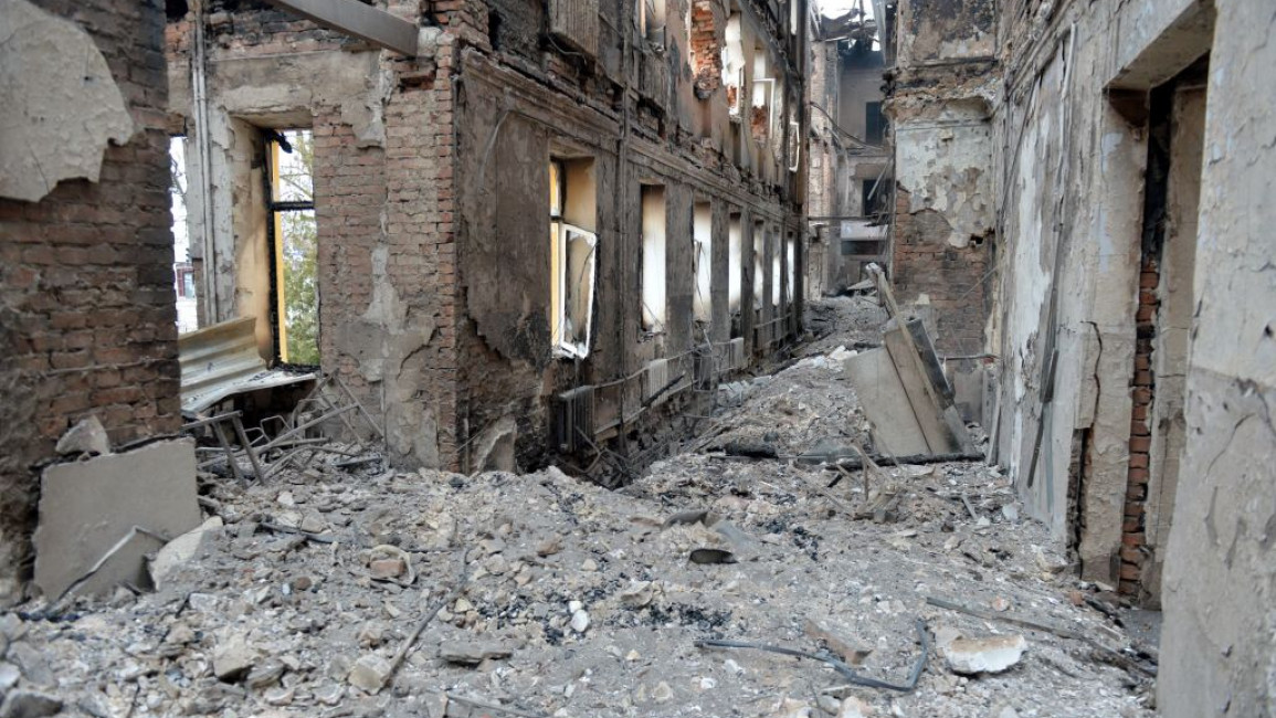 A school destroyed by fighting near the centre of Ukrainian city of Kharkiv