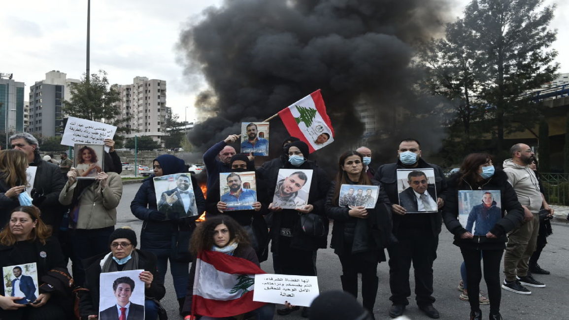 Relatives of victims of the Beirut port explosion stage a protest