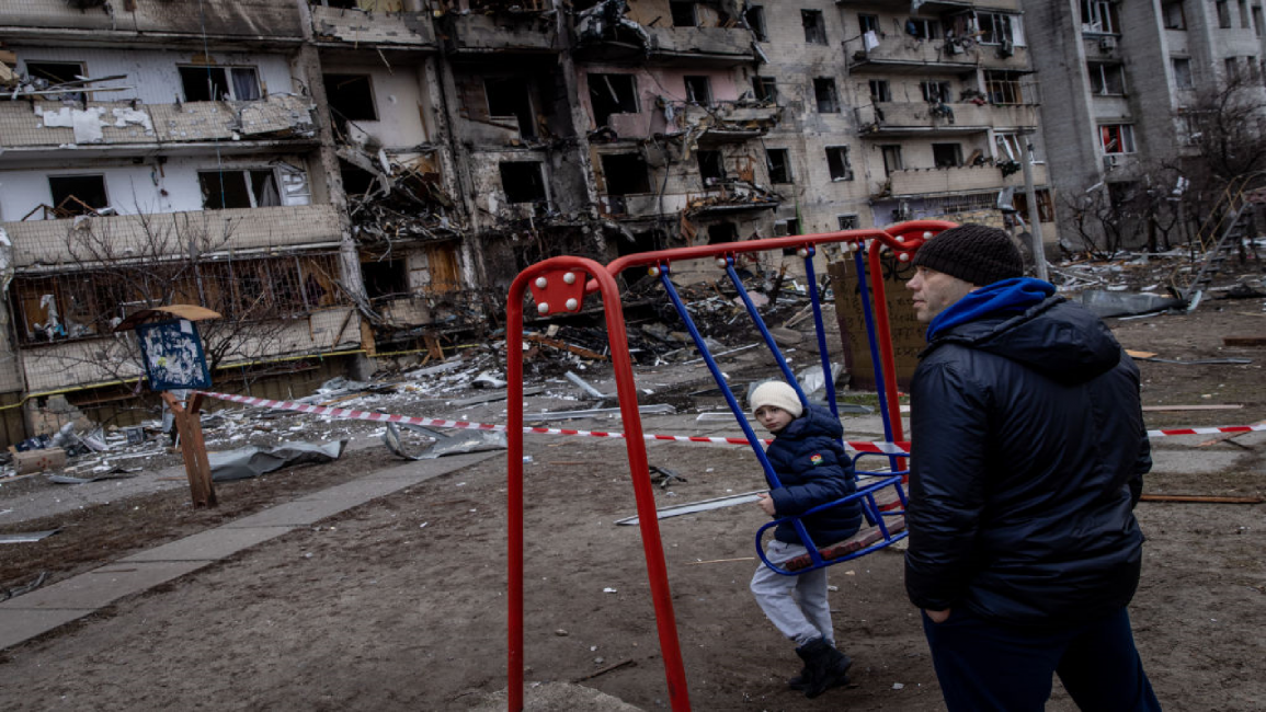 Damaged residential block in Kyiv, Ukraine