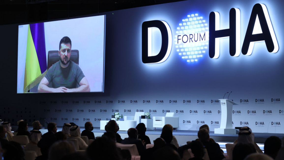  Ukrainian President Volodymyr Zelensky attends the Doha Forum via video
