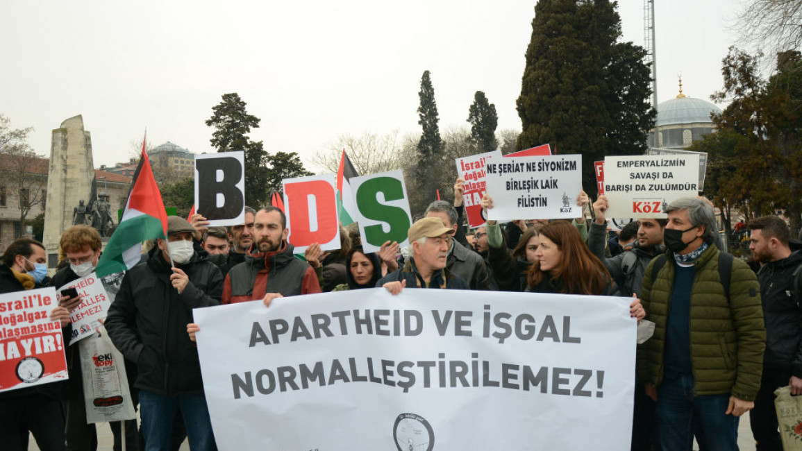 Pro-Palestinian demonstrators take part in a protest against Israeli President Isaac Herzog's official visit to Turkey in Istanbul