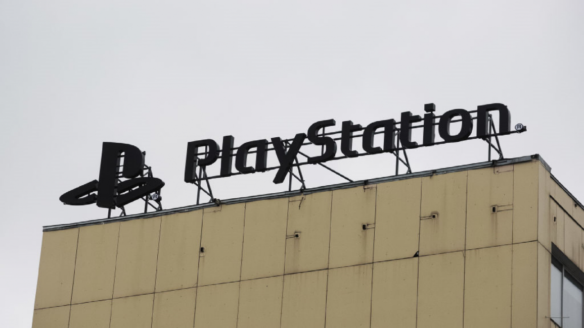 PlayStation logo of a video game brand is seen on a building in Kyiv