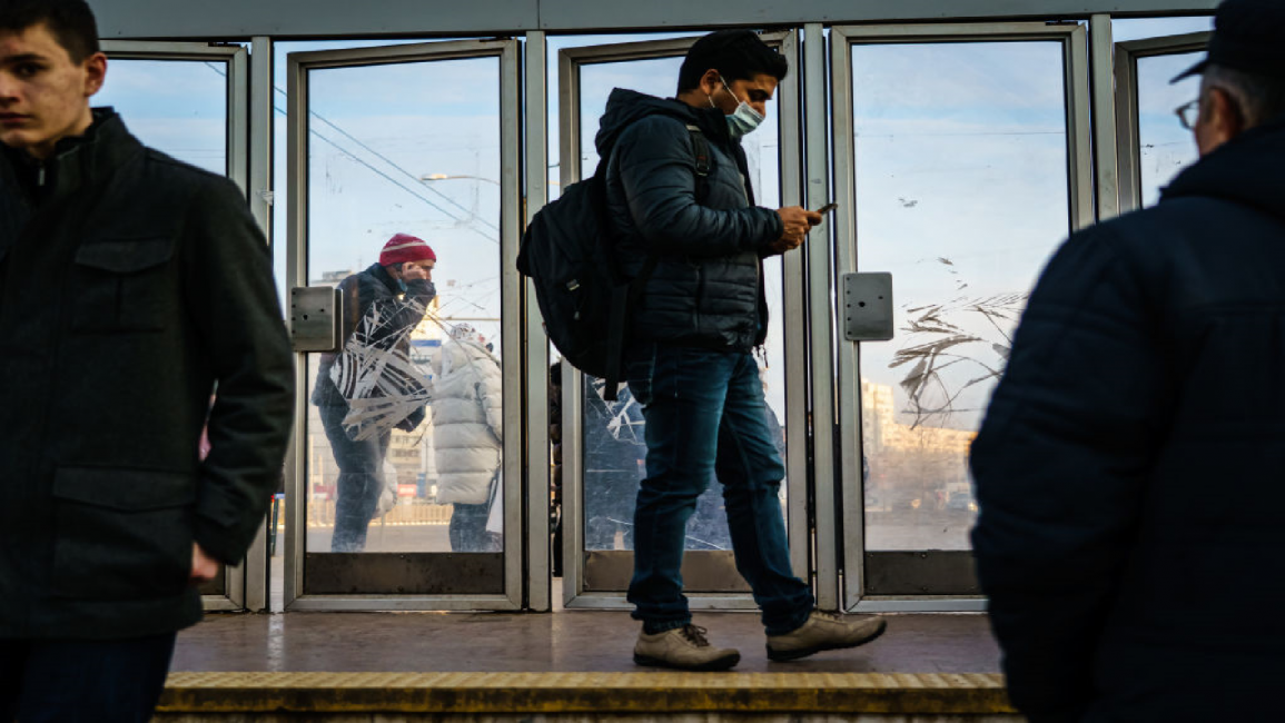 Man waits in Kharkiv metro station, Ukraine