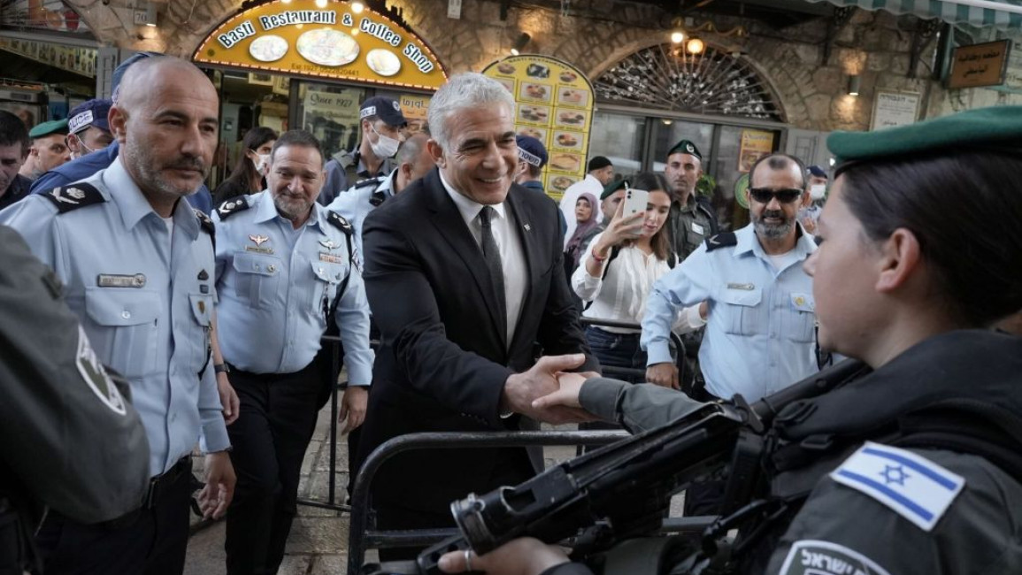 Israel's Foreign Minister Yair Lapid visits the Damascus Gate in Eastern Jerusalem