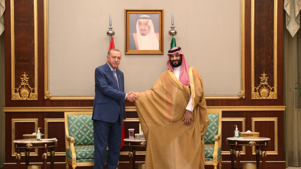 Turkey's President Recep Tayyip Erdogan (left) shaking hands with Mohammed bin Salman (right), Saudi crown prince