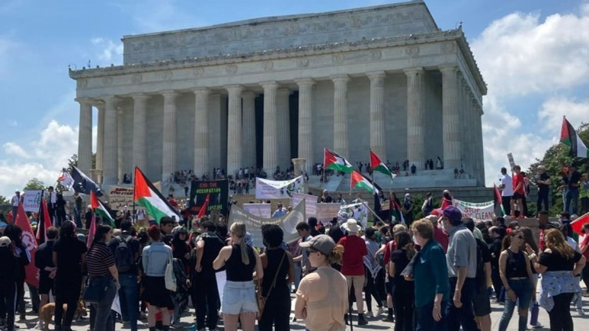 Demonstrators gathered Sunday afternoon to commemorate the Nakba and pay tribute to slain journalist Shireen Abu Akleh. (Brooke Anderson/The New Arab)