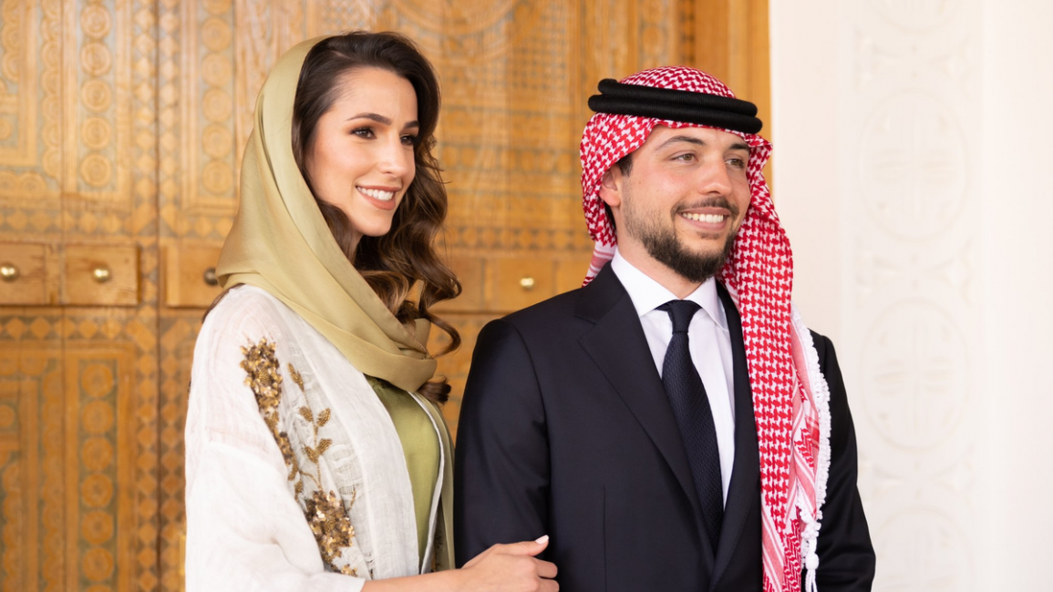 Jordan's Crown Prince Hussein (right) with his fiancée, Rajwa Khaled Al-Saif (left)