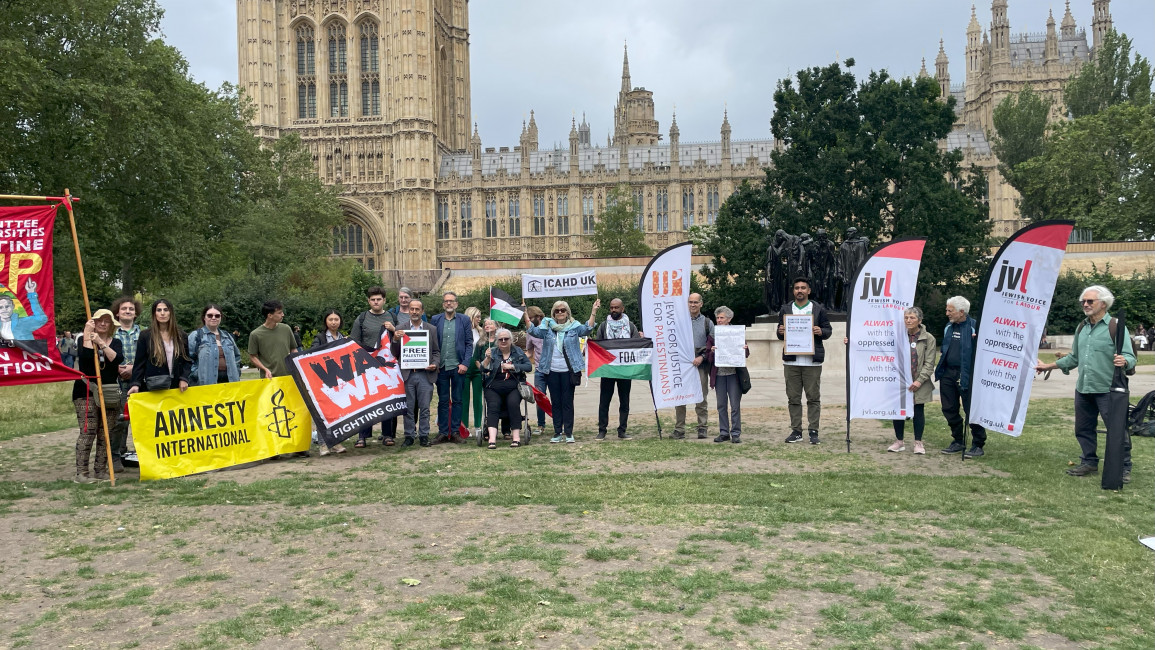 Protesters outside parliament ahead of a vote on the UK's anti-boycott bill on 3 July 2023