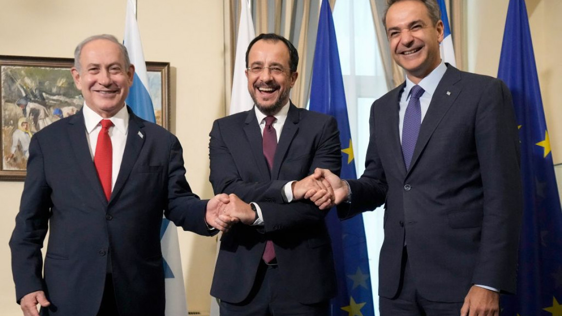Netanyahu met with Cyprus' Christodoulides (centre) and Greece's Mitsotakis (right) [Getty]