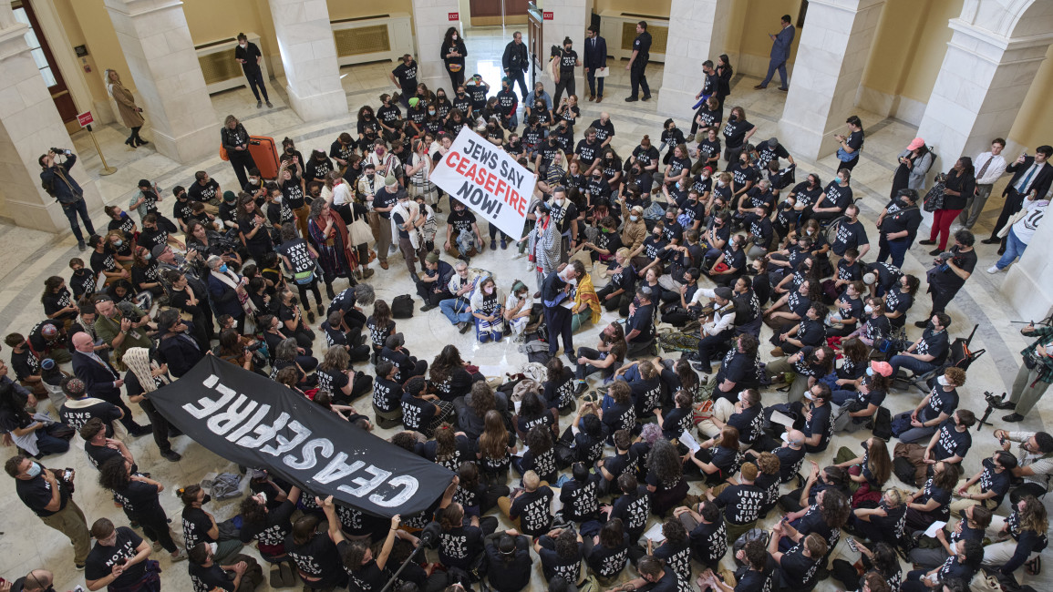 Jewish activists congregating in the US Capitol prior to their arrests. [Photo courtesy of Jewish Voice for Peace]