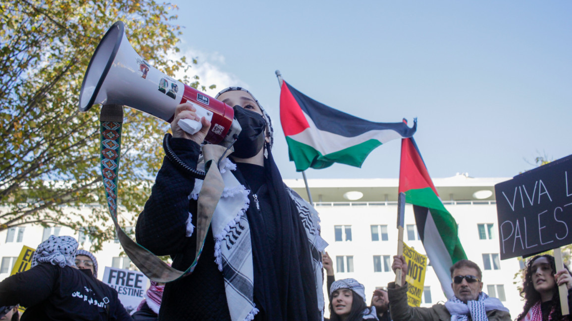 Palestinian groups, allies, and community members march from the White House to the State Department on Sunday, 8 October, 2023 rallying in support of Palestinian resistance. [Laura Albast for The New Arab]