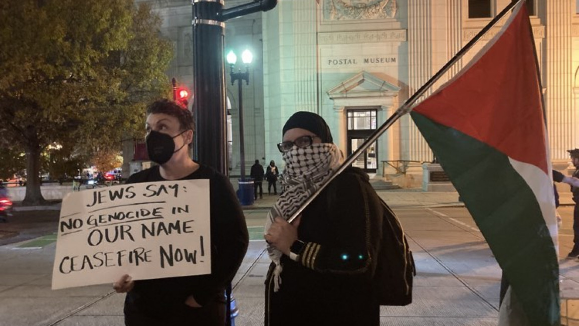 Demonstrators outside Union Station in Washington demand a ceasefire in Gaza. [Brooke Anderson/The New Arab]