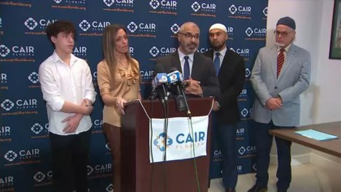Dr. Maha Almasri and her son Jad Abuhamda at a press conference with legal representation from CAIR. [Photo courtesy of CAIR]