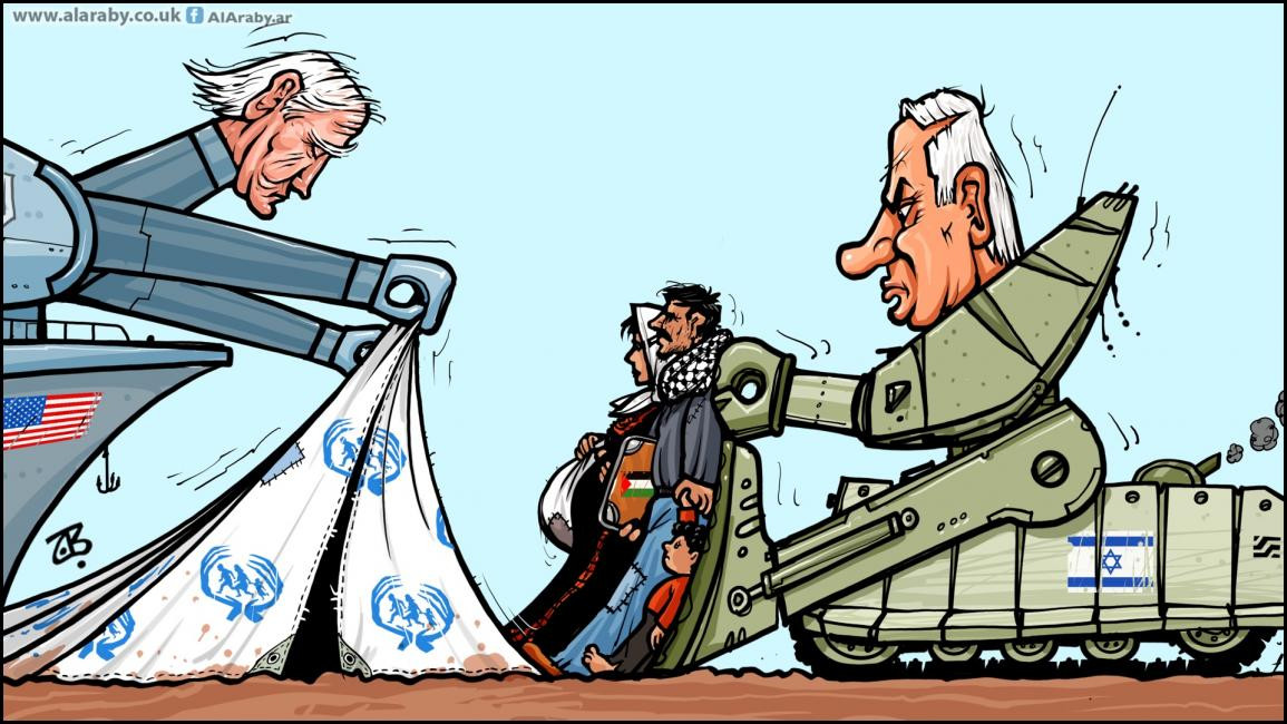 Cartoon of Biden holding up tend and Netanyahu as bulldozer pushing Palestinians into it