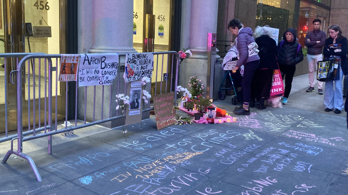Vigils for Aaron Bushnell, an active-duty service member who took his own life over US support for Israel's war in Gaza, took place across the US Monday. [Brooke Anderson/The New Arab]
