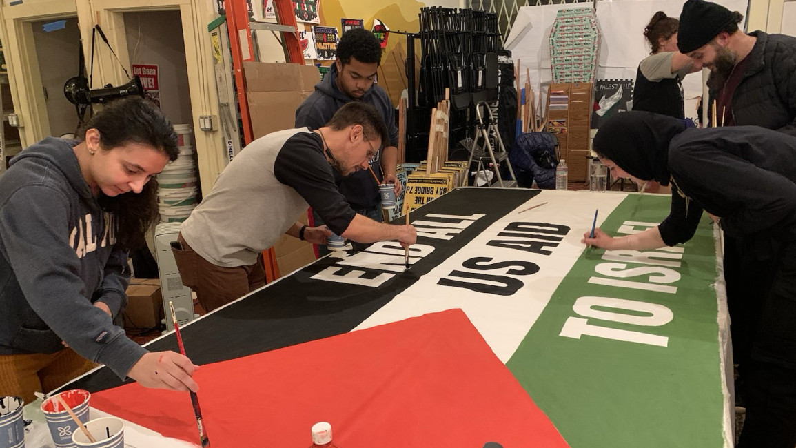 US activists getting ready for a demonstration in support of Gaza. [Photo courtesy of the ANSWER Coalition]