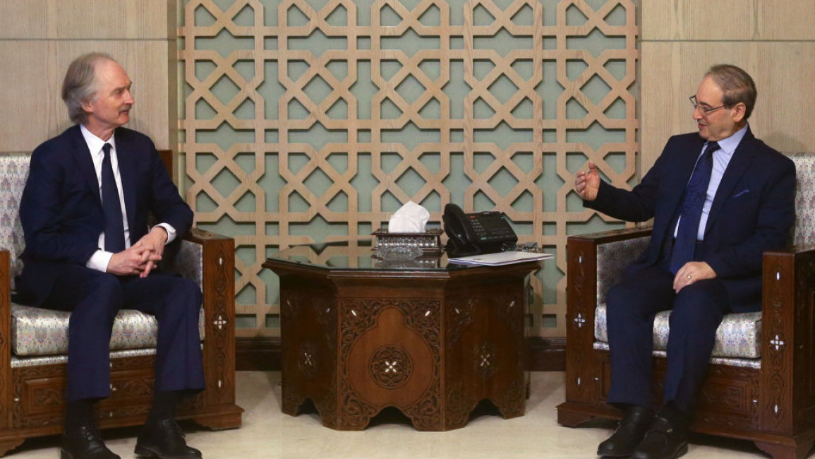 Geir Pedersen (left) met with regime Foreign Minister Faisal Mekdad in Damascus [Getty]