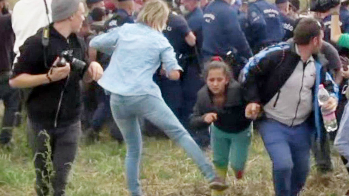 Hungarian camerawoman kicking refugee