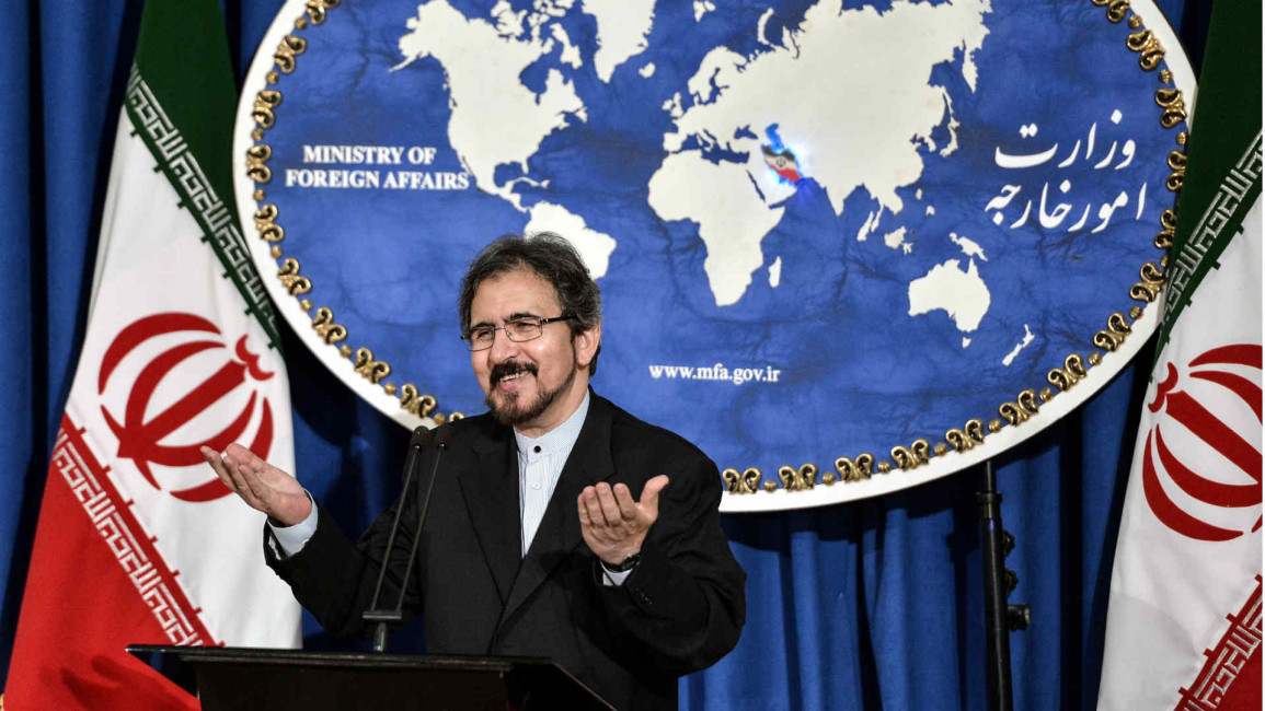Iran's Foreign Ministry Spokesman Bahram Ghasemi delivers a speech