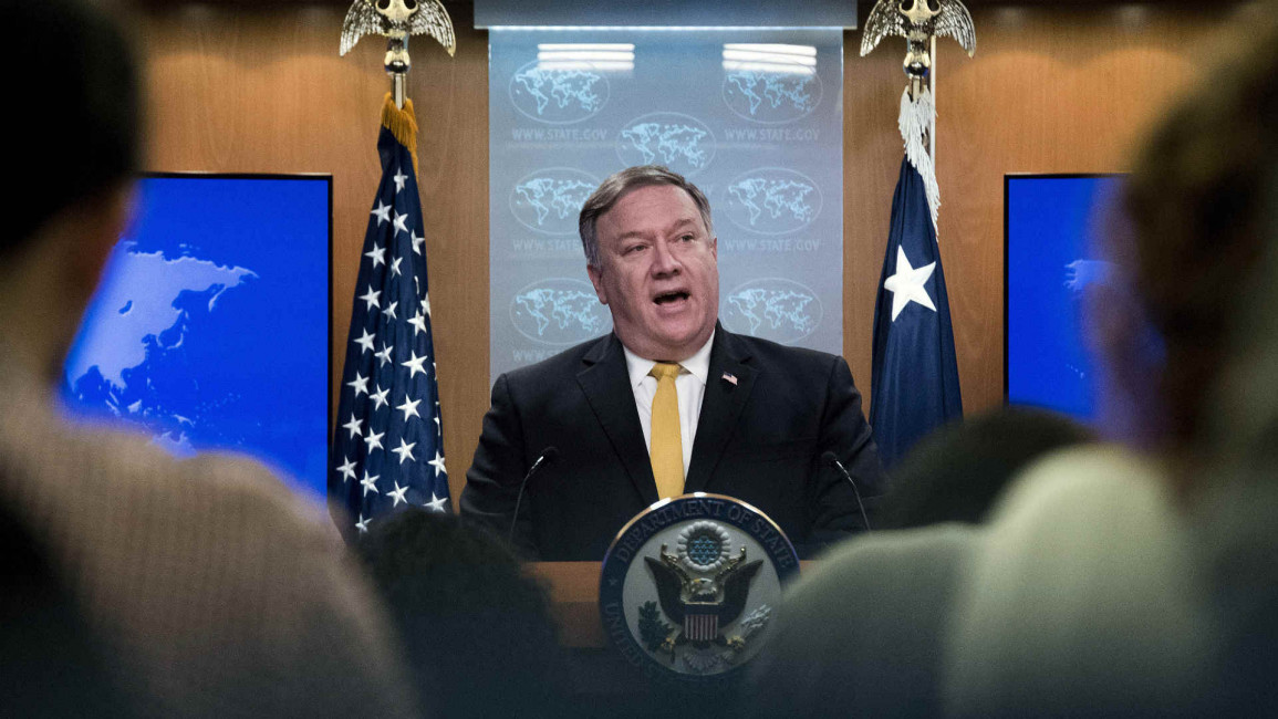 Pompeo at a press briefing in Washington