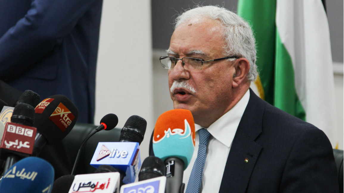 Palestinian FM Riyad al-Maliki holds a press conference