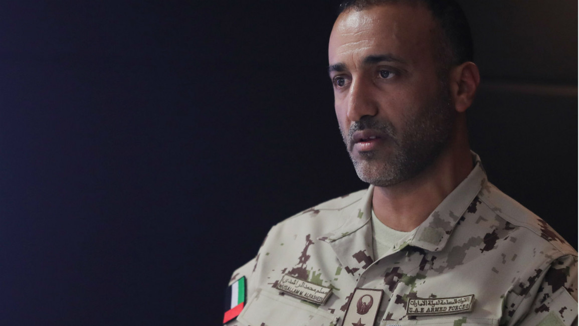 Emirati Armed Forces Brigadier Musallam al-Rashedi addresses journalists